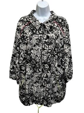 CJ Banks Black White Floral Zip Front Drawstring Waist Lightweight Jacket Sz 2X
